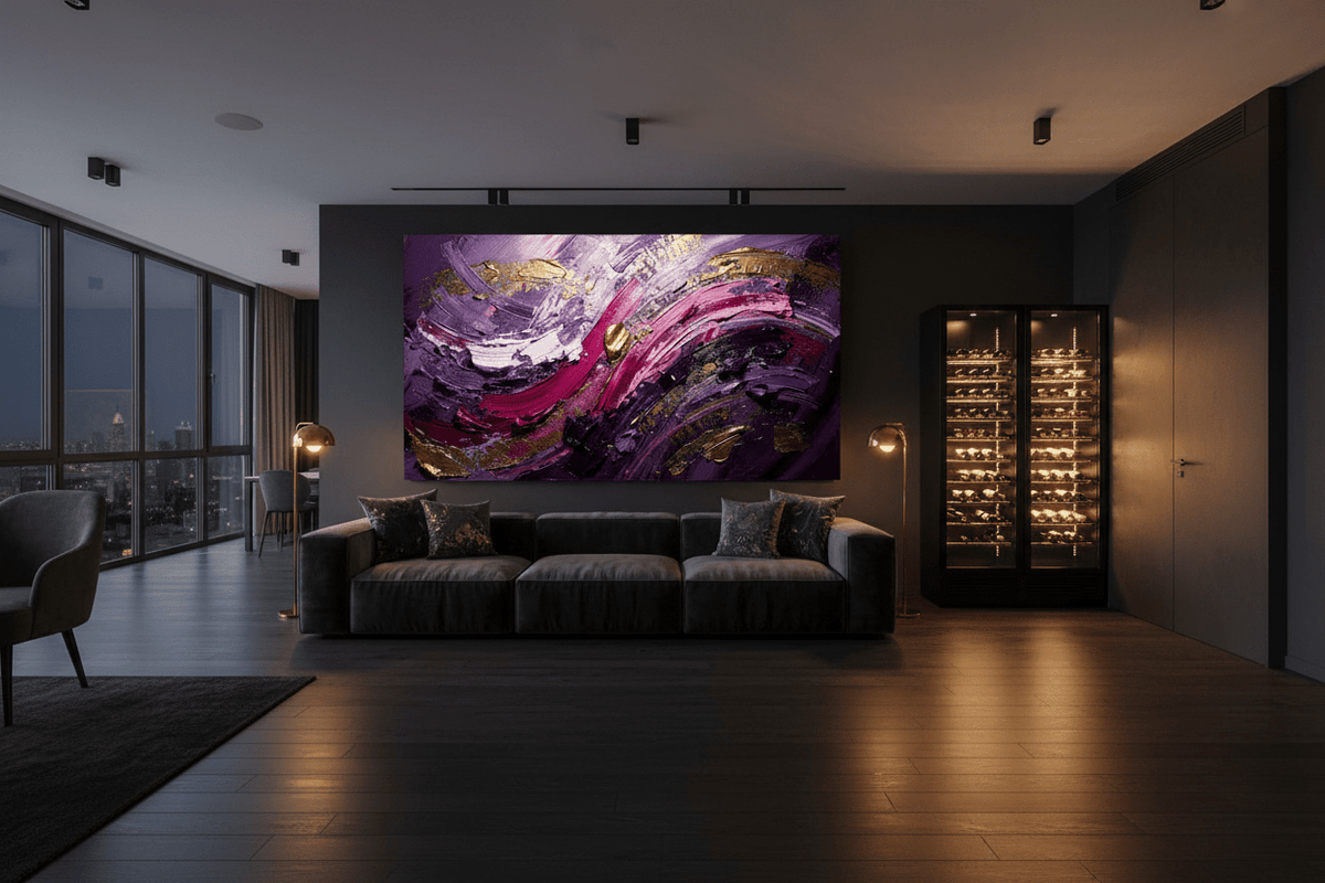 Violet Reign dark violet and gold abstraction in a modern industrial loft