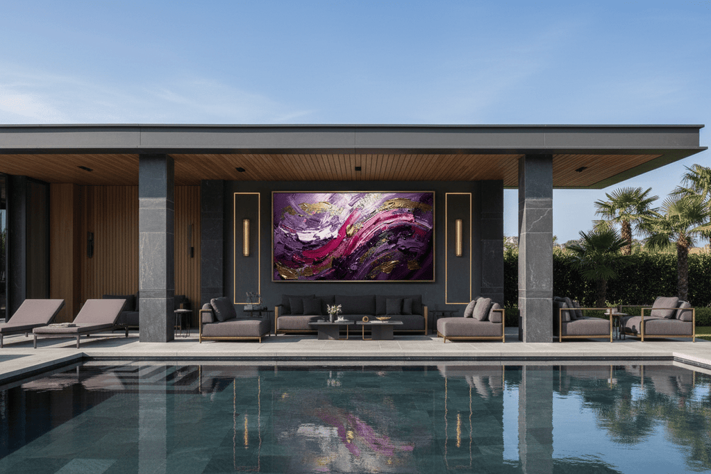Violet Reign violet gestural artwork beside an outdoor pool lounge