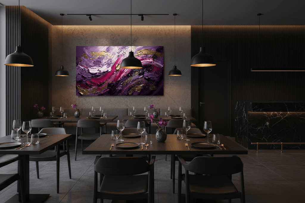Violet Reign amethyst and magenta abstraction in an upscale restaurant