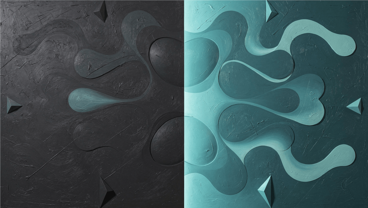 Void & Tide biomorphic abstract artwork with graphite-black, mint and teal divided fields