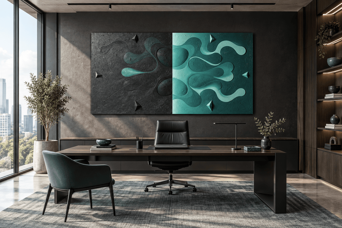 Void & Tide biomorphic abstract artwork with graphite-black, mint and teal divided fields in an executive office