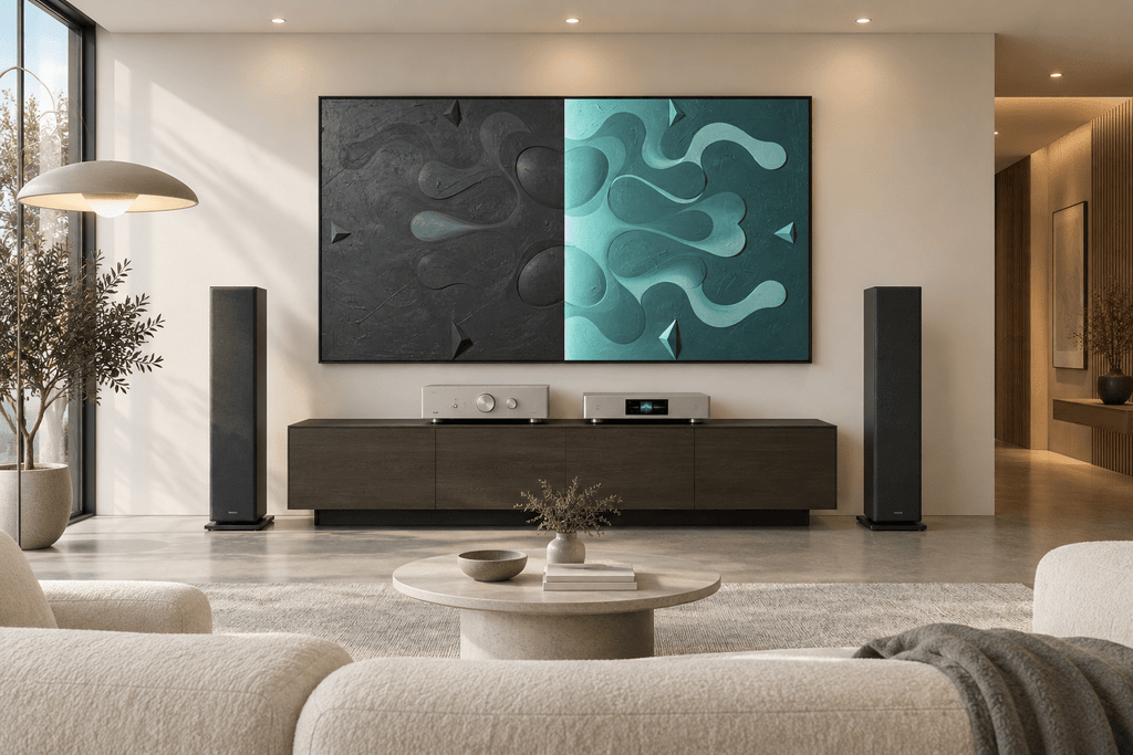 Void & Tide biomorphic abstract artwork with graphite-black, mint and teal divided fields in a high end hifi living room