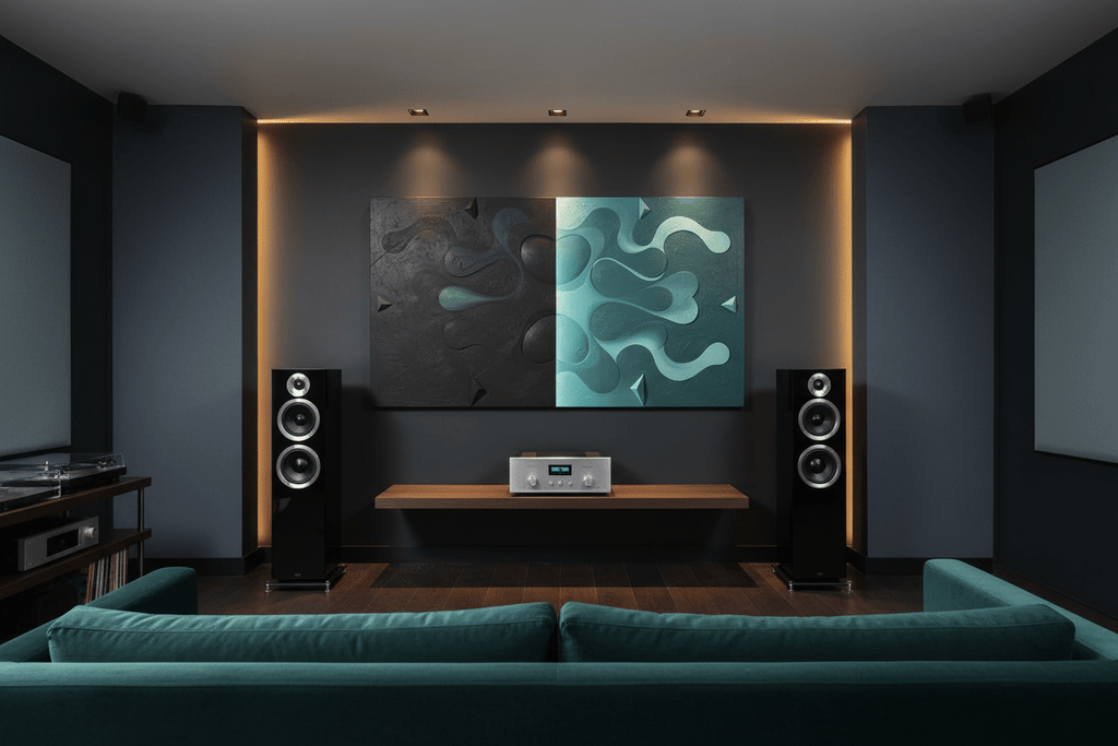 Void & Tide black and mint biomorphic artwork in a high-end HiFi listening room