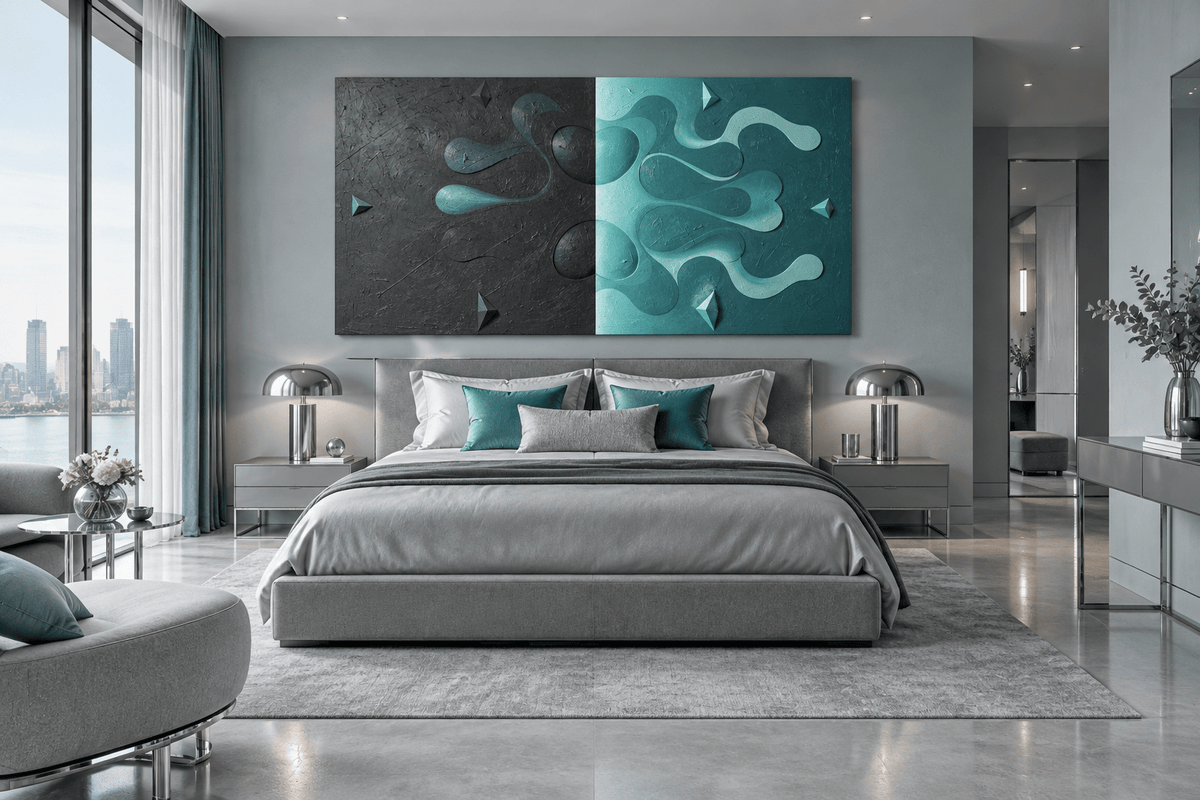 Void & Tide biomorphic abstract artwork with graphite-black, mint and teal divided fields in a modern luxury hotel room