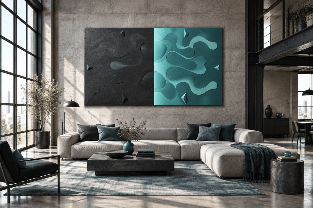 Void & Tide biomorphic abstract artwork with graphite-black, mint and teal divided fields in an industrial loft