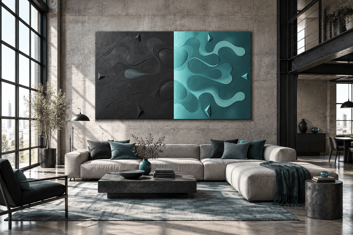 Void & Tide biomorphic abstract artwork with graphite-black, mint and teal divided fields in an industrial loft