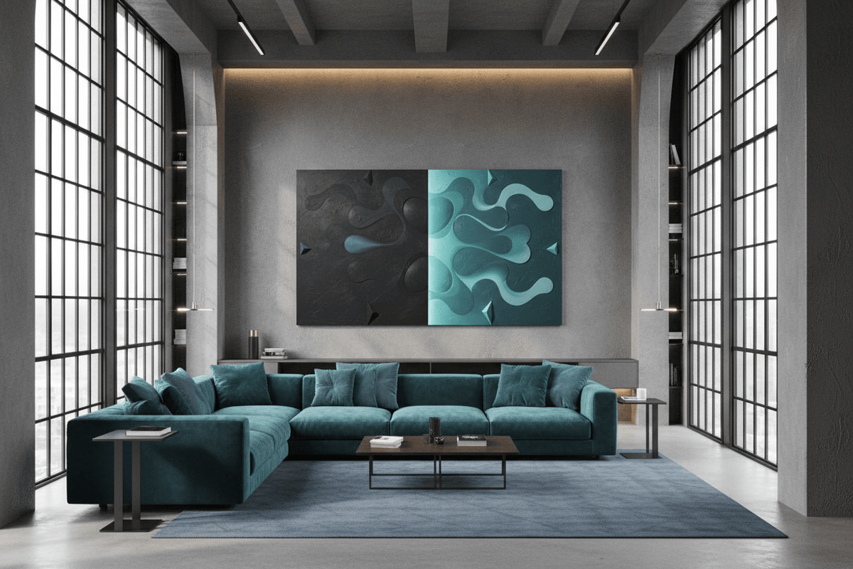Void & Tide black and mint biomorphic artwork in a modern industrial loft