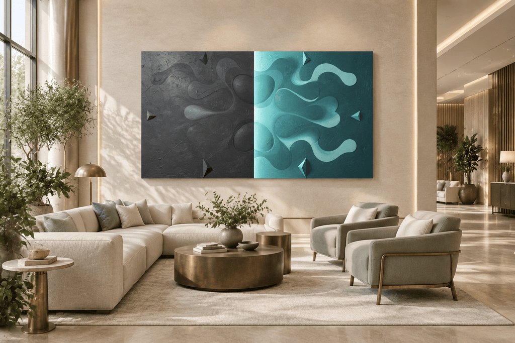 Void & Tide biomorphic abstract artwork with graphite-black, mint and teal divided fields in a modern hotel lobby