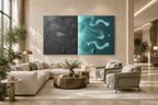 Void & Tide biomorphic abstract artwork with graphite-black, mint and teal divided fields in a modern hotel lobby