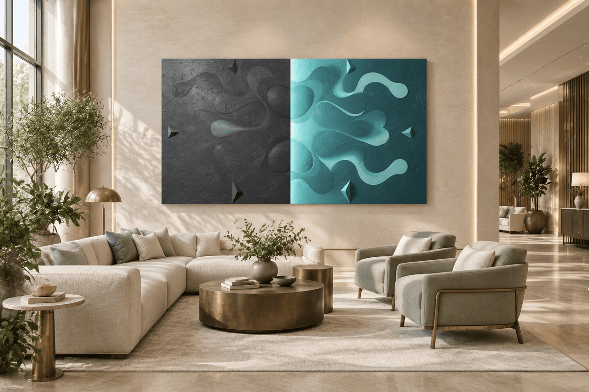 Void & Tide biomorphic abstract artwork with graphite-black, mint and teal divided fields in a modern hotel lobby