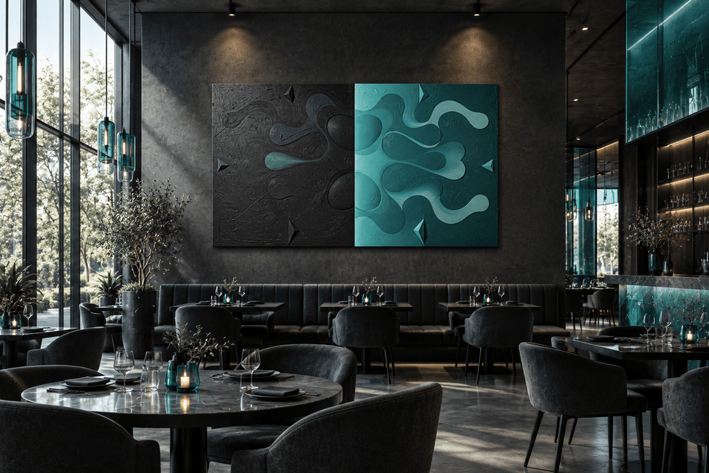 Void & Tide biomorphic abstract artwork with graphite-black, mint and teal divided fields in a modern resataurant