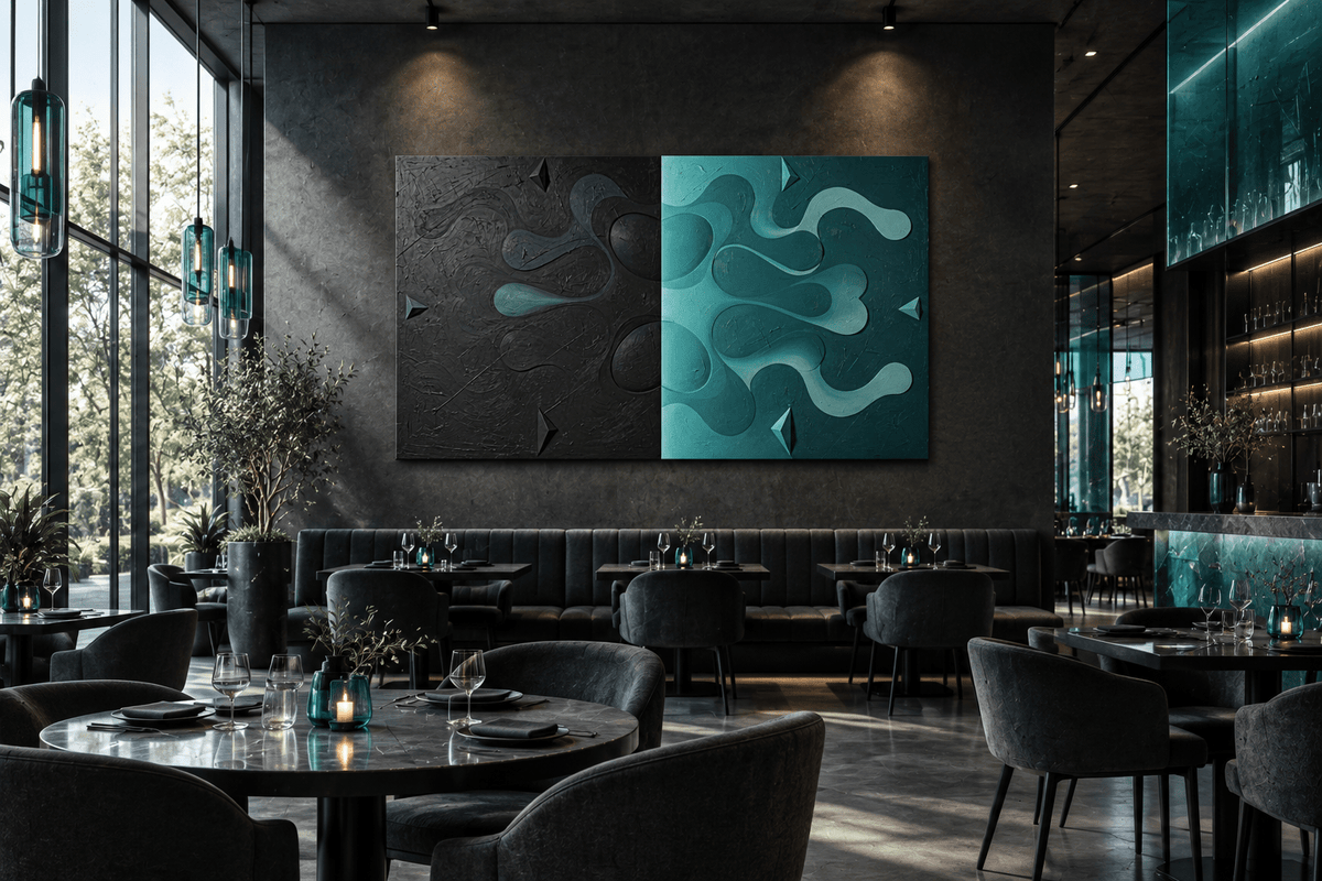 Void & Tide biomorphic abstract artwork with graphite-black, mint and teal divided fields in a modern resataurant