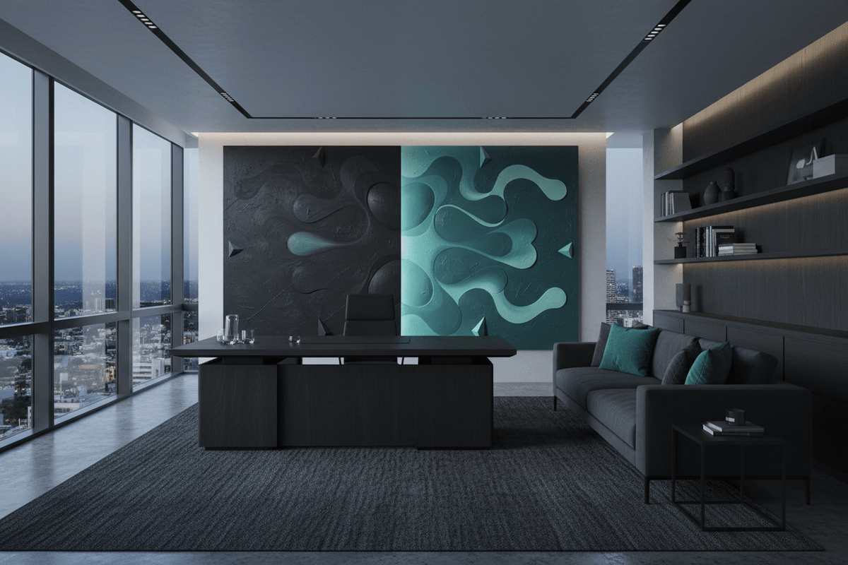 Void & Tide black and mint biomorphic artwork in a modern executive office