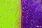 Zoom detail of Acid Divide industrial patina abstraction with electric chartreuse, saturated violet and layered palette-knife texture