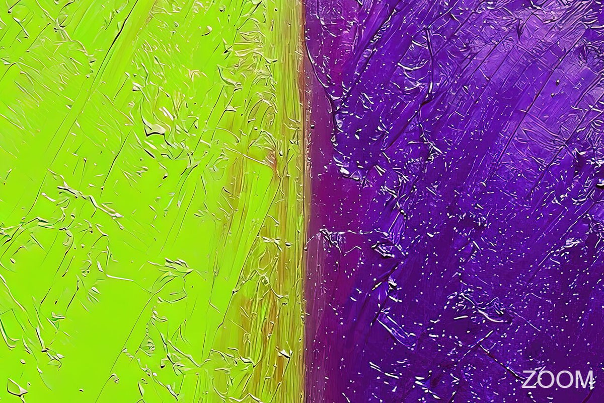 Zoom detail of Acid Divide industrial patina abstraction with electric chartreuse, saturated violet and layered palette-knife texture
