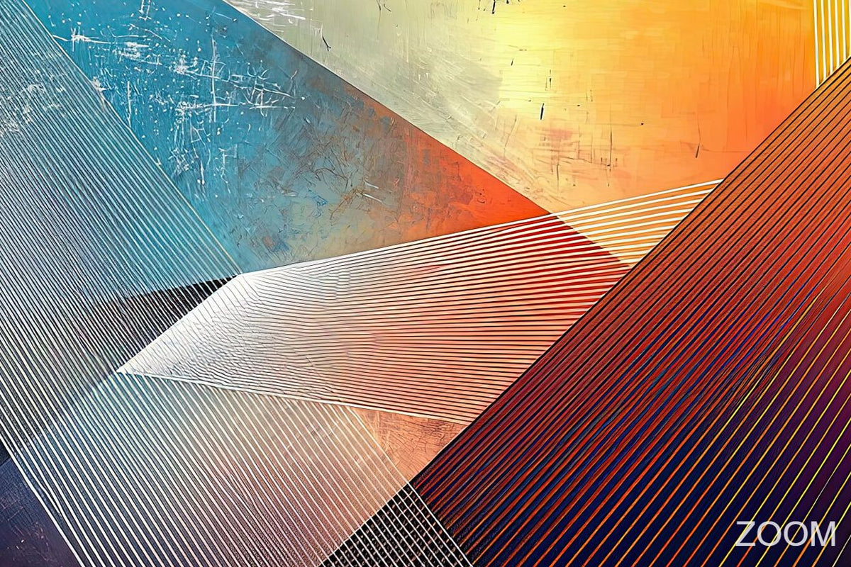 Zoom detail of Apex Strike with solar yellow, burnt orange, teal and navy triangular planes, radiating line fields and distressed layered texture