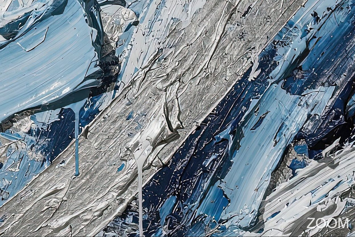 Zoom detail of Arctic Force textural abstraction with arctic blue, navy and brushed-silver diagonal ridges