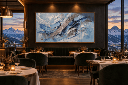 Arctic Force textural abstraction with arctic blue, navy and brushed-silver diagonal ridges in a modern mountain restaurant