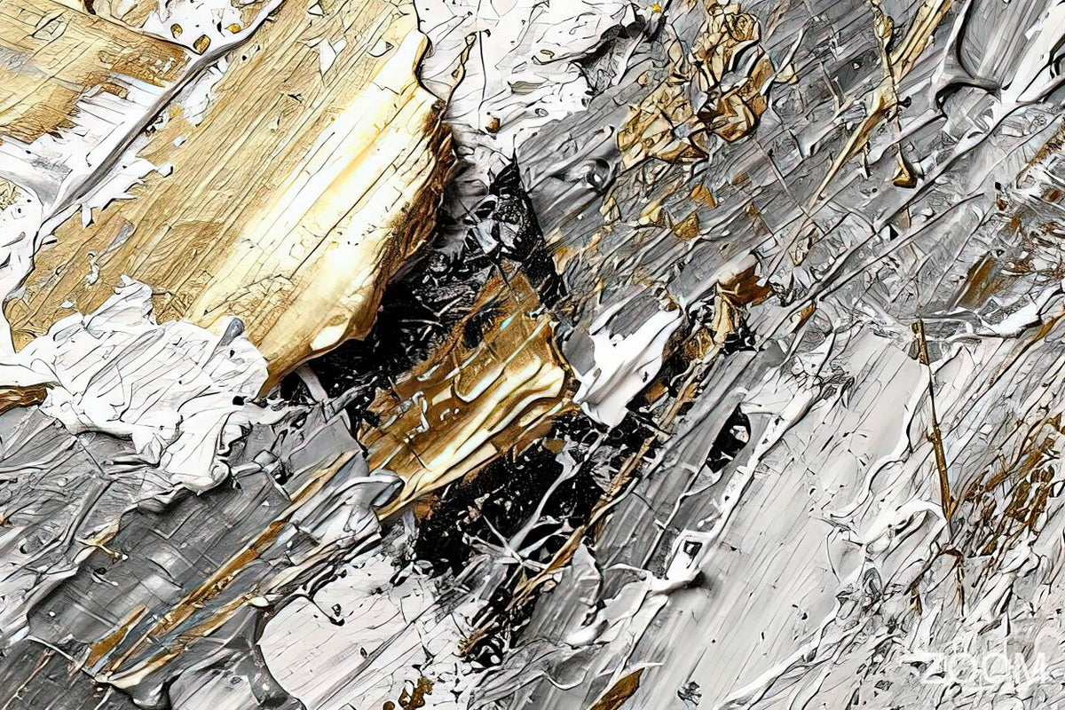 Zoom detail of Ashen Surge textural abstraction with platinum, ash grey, pearl white and subdued gold