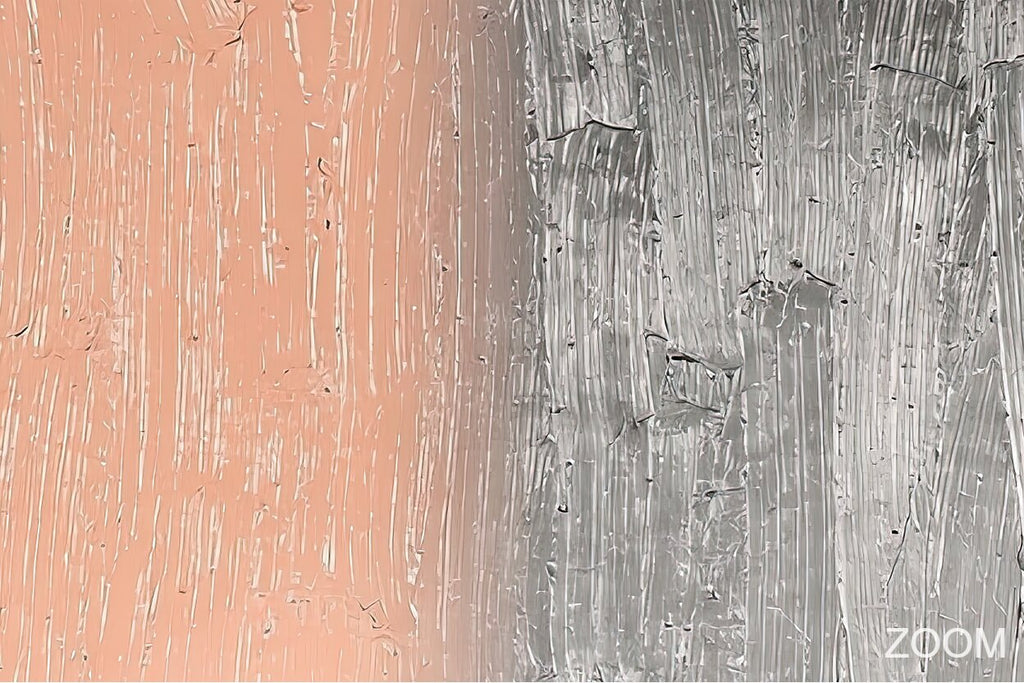 Zoom detail of Blush & Graphite textural abstraction with peach terracotta, silver graphite and vertical fractured impasto