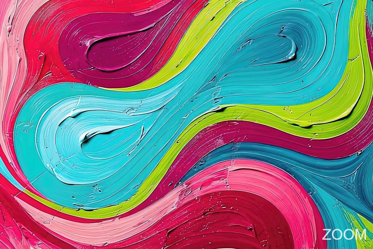 Zoom detail of Candy Flow fluid abstraction with hot pink, blush, cyan, magenta and acid-green looping ribbons in glossy textured relief