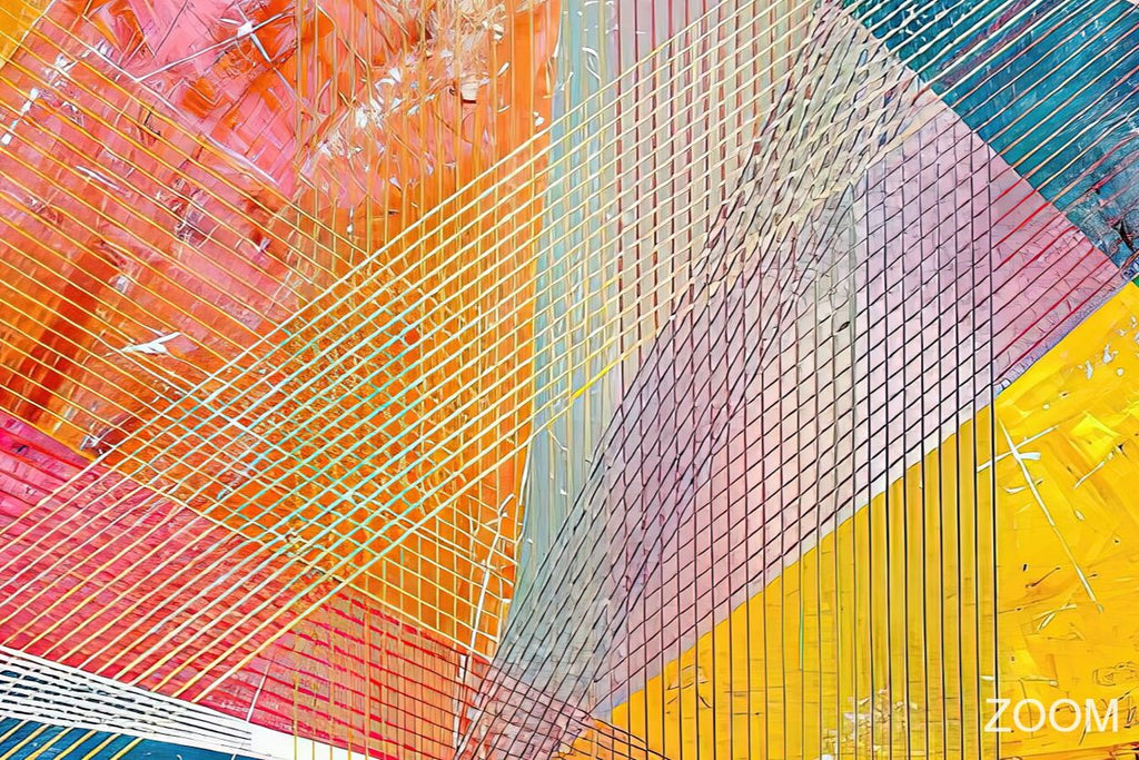 Zoom detail of Chromatic Burst with hot pink, teal, yellow and cobalt prismatic wedges, dense chromatic overlays and vividly weathered relief textures