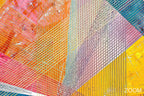 Zoom detail of Chromatic Burst with hot pink, teal, yellow and cobalt prismatic wedges, dense chromatic overlays and vividly weathered relief textures