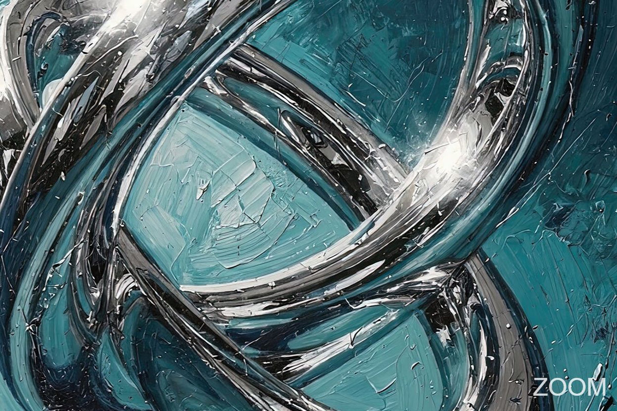 Zoom detail of Chrome Infinity original abstract artwork with interlocking silver-chrome loops, deep teal layers and highly textured reflective surfaces.