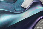 Zoom detail of Chrome Reverie biomorphic abstraction with silver, teal and violet iridescence, graphite diagonal currents and chrome-like raised relief