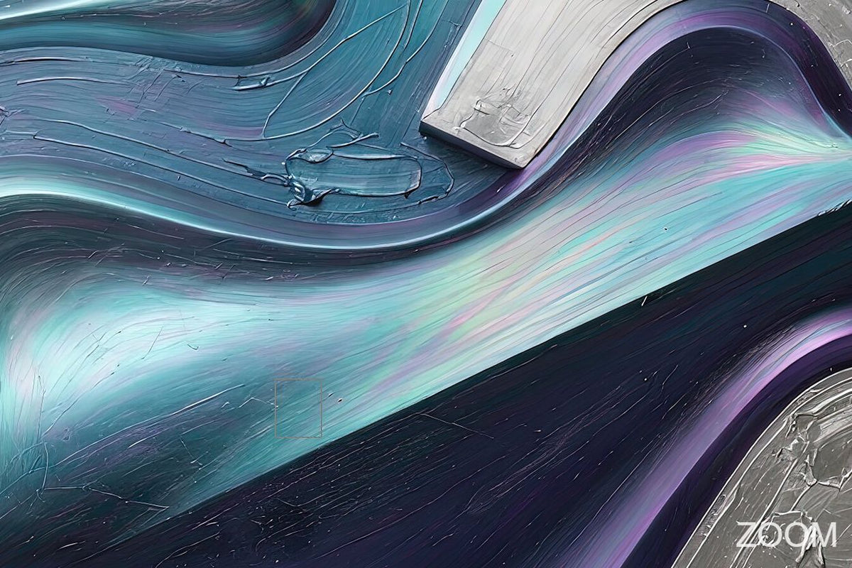 Zoom detail of Chrome Reverie biomorphic abstraction with silver, teal and violet iridescence, graphite diagonal currents and chrome-like raised relief