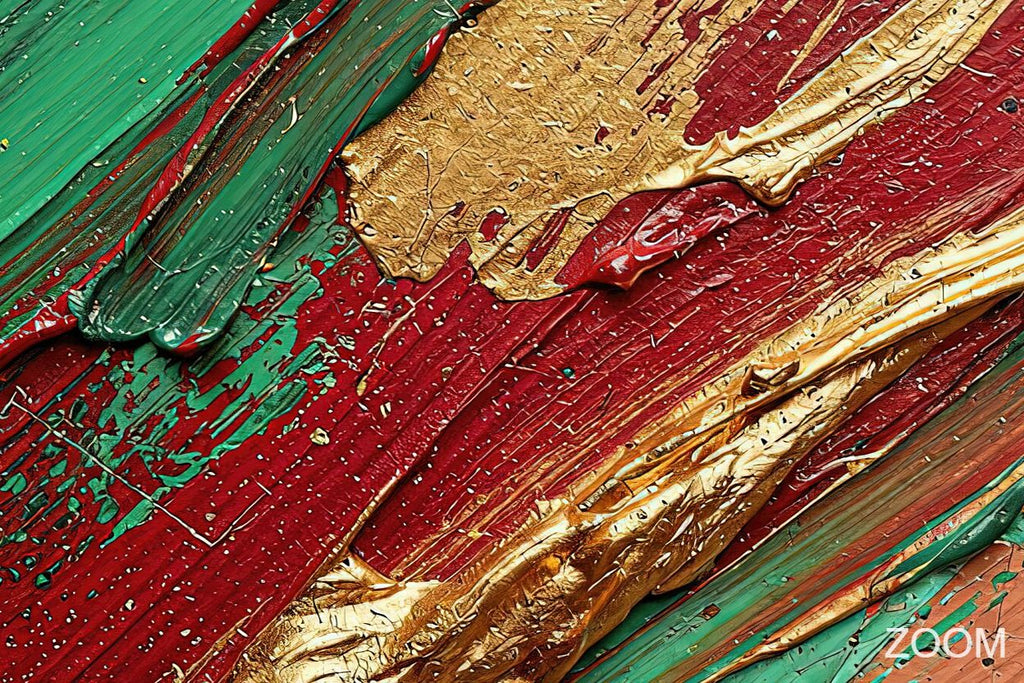 Zoom detail of Crimson Terrain impasto abstraction with carmine, forest green, terracotta and raw-gold diagonals