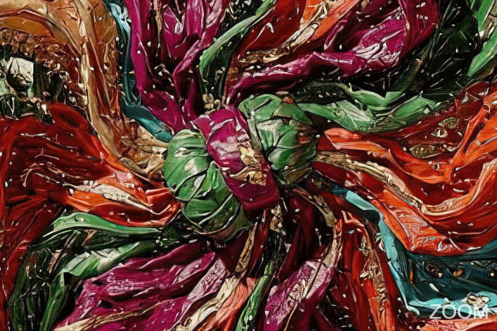 Zoom detail of Crimson Vortex original abstract artwork with swirling magenta, crimson, orange and green ribbons, gold accents and dense sculptural texture.