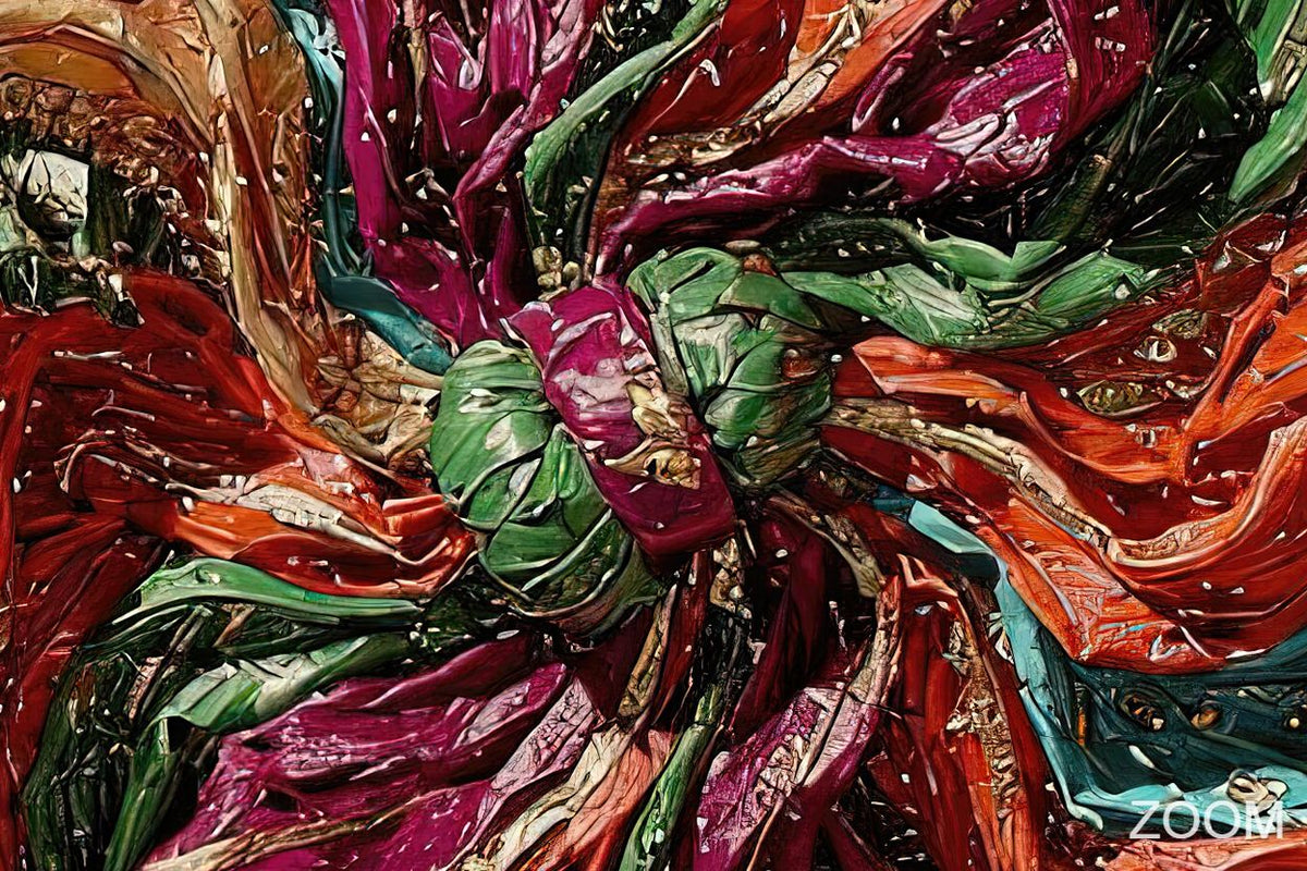 Zoom detail of Crimson Vortex original abstract artwork with swirling magenta, crimson, orange and green ribbons, gold accents and dense sculptural texture.
