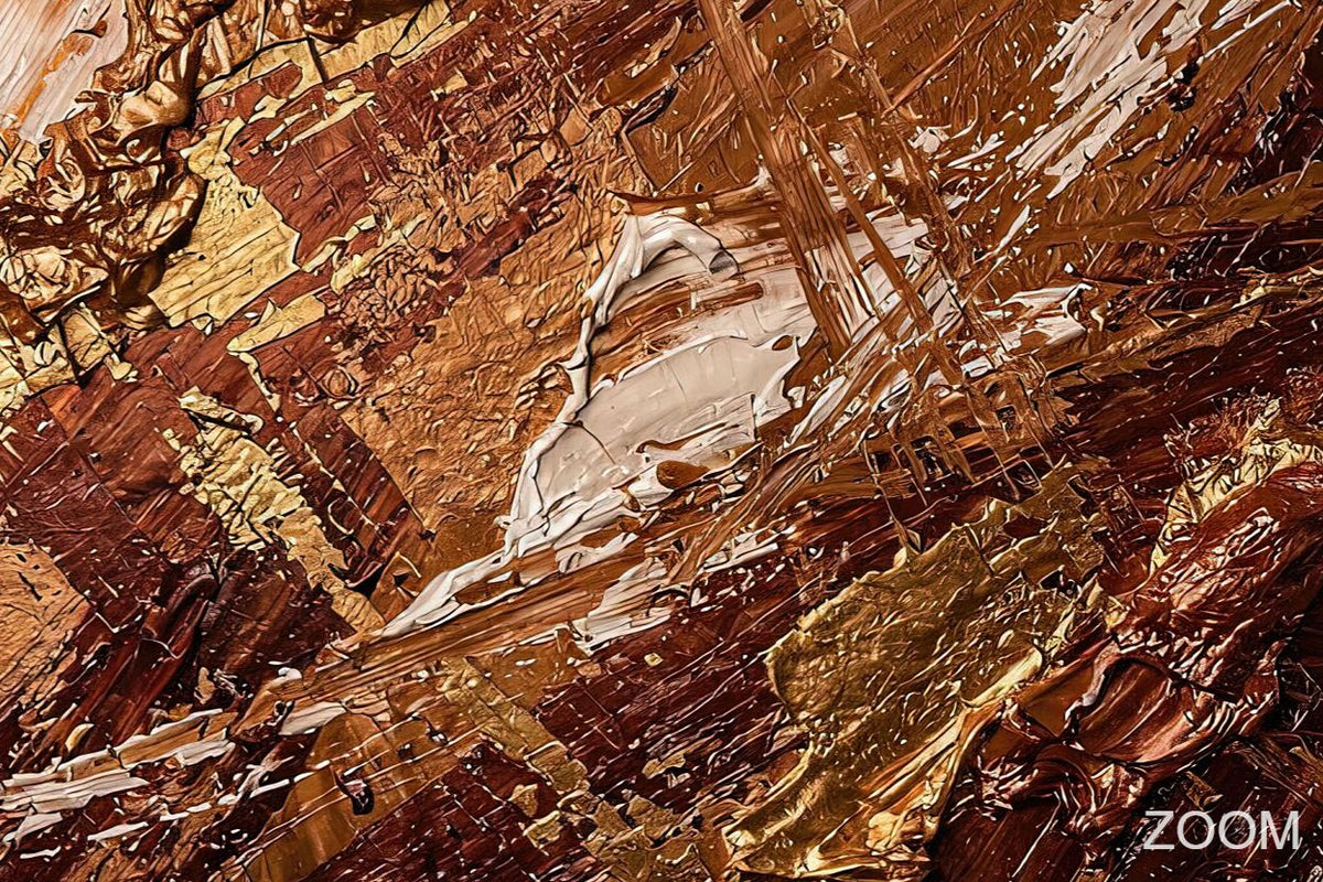 Zoom detail of Dark Ember gestural textural abstraction with dark brown, copper and fractured gold