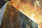 Zoom detail of Dark Matter with charcoal, deep teal, steel grey and amber fracture planes, tight gold linework and rugged metallic relief textures