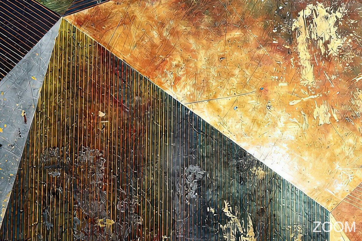 Zoom detail of Dark Matter with charcoal, deep teal, steel grey and amber fracture planes, tight gold linework and rugged metallic relief textures