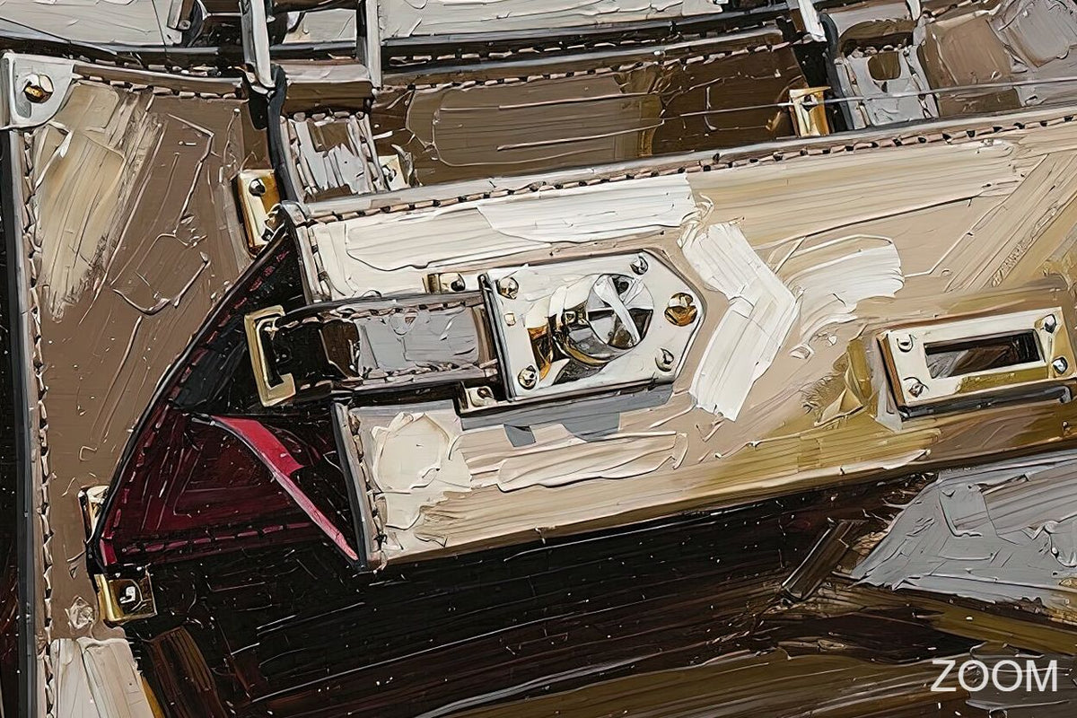 Zoom detail of Deconstructed Icon original abstract artwork with cream, tan and black leather fragments, brass hardware, stitched edges and a deep burgundy accent.