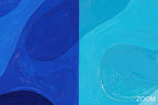 Zoom detail of Deep & Shallow biomorphic abstraction with cobalt blue, navy, aqua and glacial cyan divided fields, flowing contours and tactile brushwork