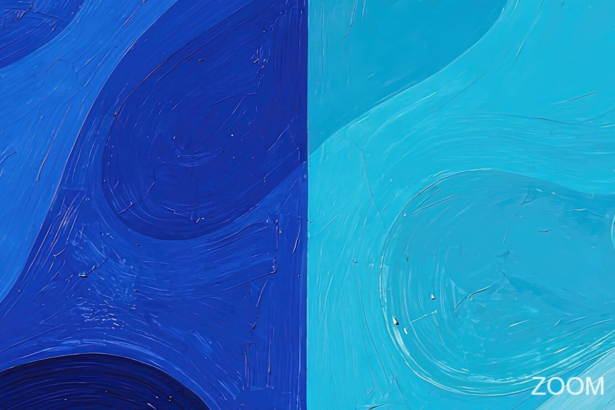 Zoom detail of Deep & Shallow biomorphic abstraction with cobalt blue, navy, aqua and glacial cyan divided fields, flowing contours and tactile brushwork