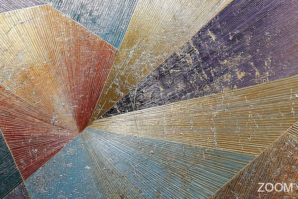 Zoom detail of Earthen Vortex with slate teal, umber, burgundy and dusty-gold fan-shaped planes, radiating fine lines and tactile mineral relief