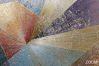 Zoom detail of Earthen Vortex with slate teal, umber, burgundy and dusty-gold fan-shaped planes, radiating fine lines and tactile mineral relief