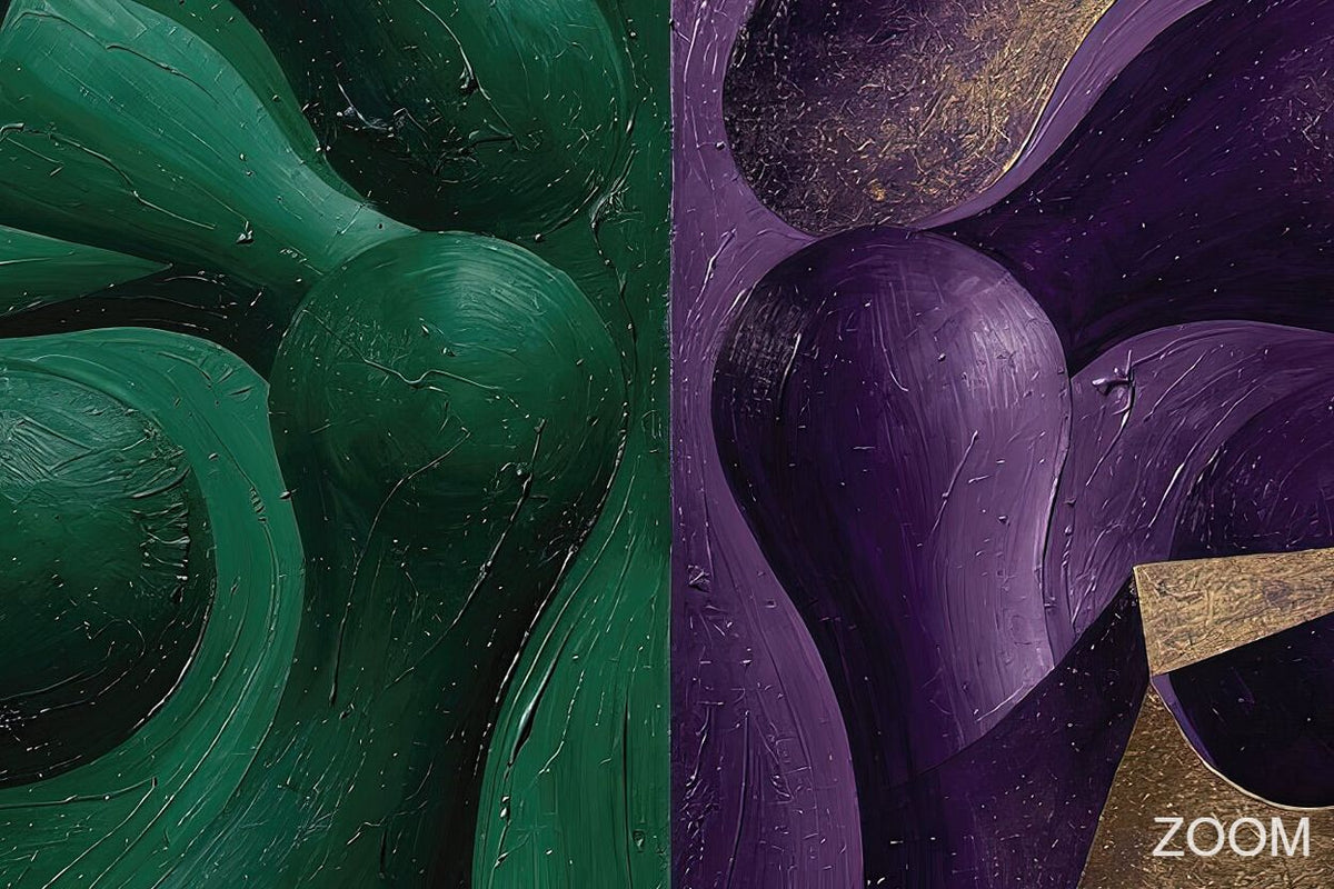 Zoom detail of Emerald & Amethyst biomorphic diptych with dark emerald, amethyst violet and muted-gold contours, rounded forms and tactile painted relief