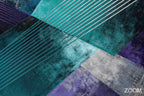 Zoom detail of Frequency Drift with teal, violet, silver and black crossing bands, sweeping parallel lines and a textured dark relief surface