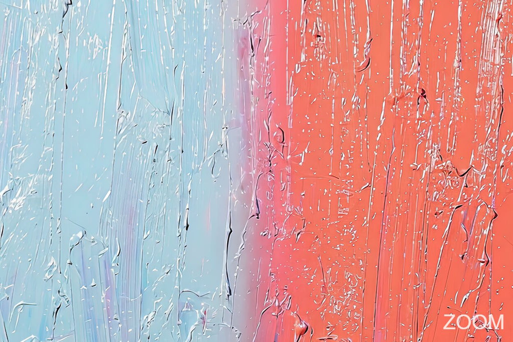Zoom detail of Frost & Coral textural abstraction with icy blue, coral, rose transition and vertical impasto striations