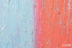 Zoom detail of Frost & Coral textural abstraction with icy blue, coral, rose transition and vertical impasto striations