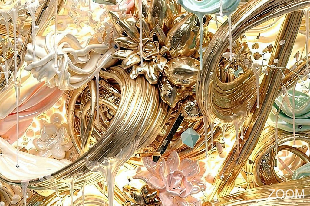 Zoom detail of Gilded Reverie original abstract artwork with flowing gold ribbons, blush and mint folds, crystalline accents and luminous layered relief.