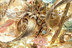 Zoom detail of Gilded Reverie original abstract artwork with flowing gold ribbons, blush and mint folds, crystalline accents and luminous layered relief.