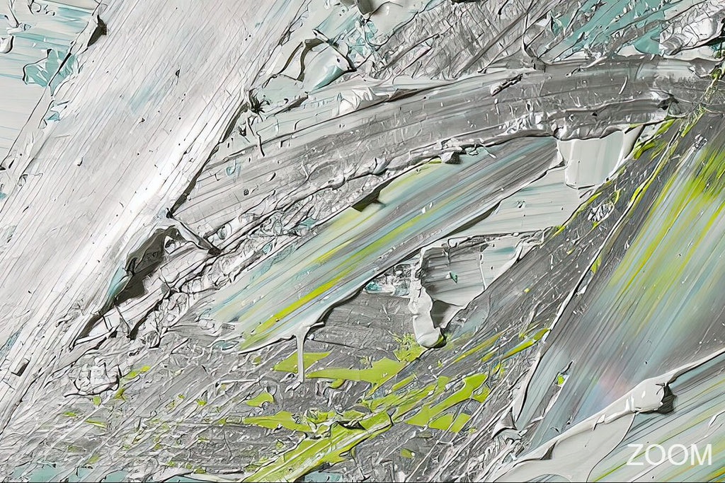 Zoom detail of Glacial Drift textural abstraction with ice grey, pale teal, graphite and electric lime