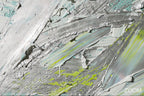 Zoom detail of Glacial Drift textural abstraction with ice grey, pale teal, graphite and electric lime