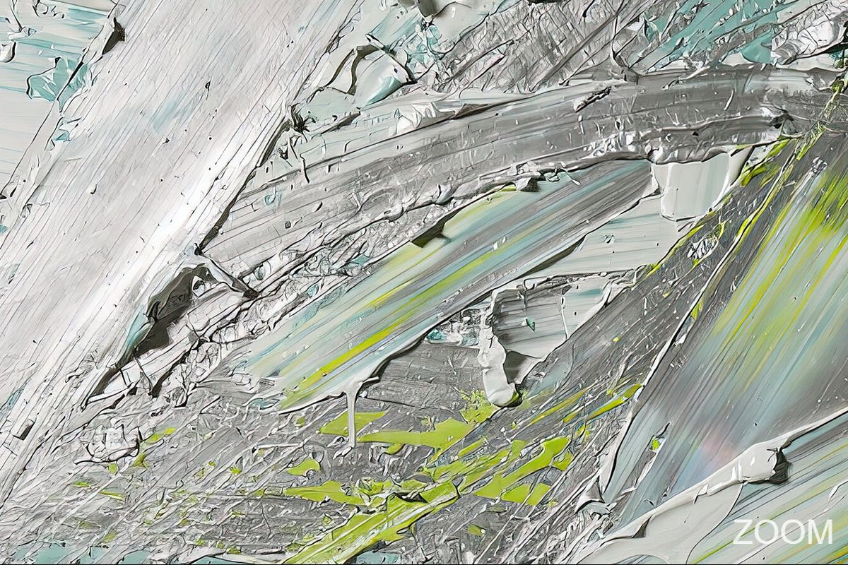 Zoom detail of Glacial Drift textural abstraction with ice grey, pale teal, graphite and electric lime